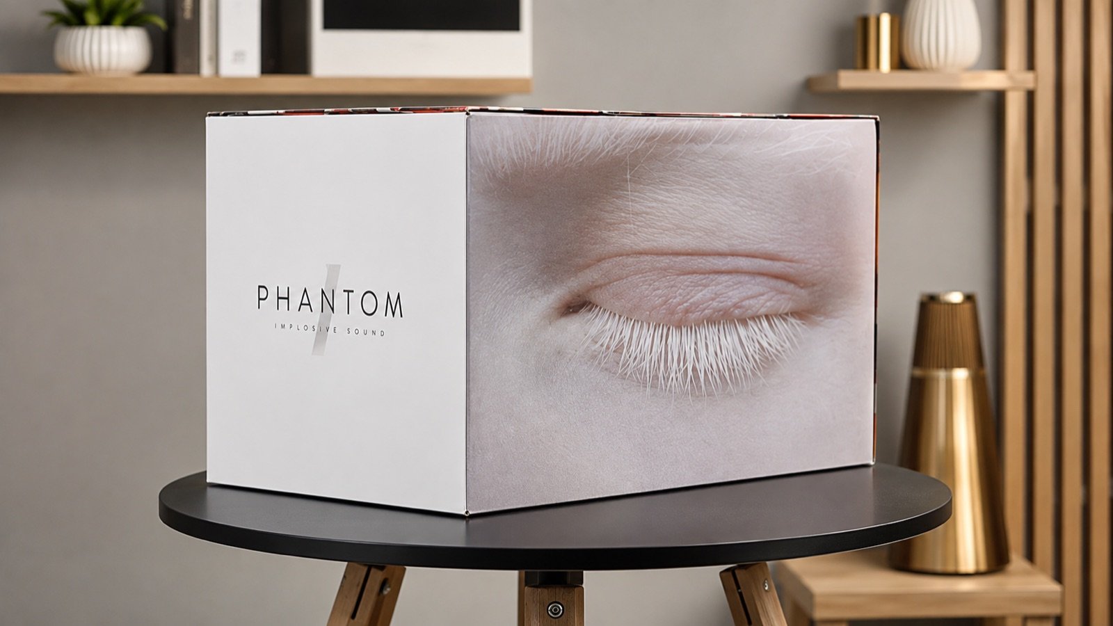 Hop san pham loa Devialet Phantom Ultimate 108dB dat tren ban tron, mat hop in chu PHANTOM Implosive Sound
